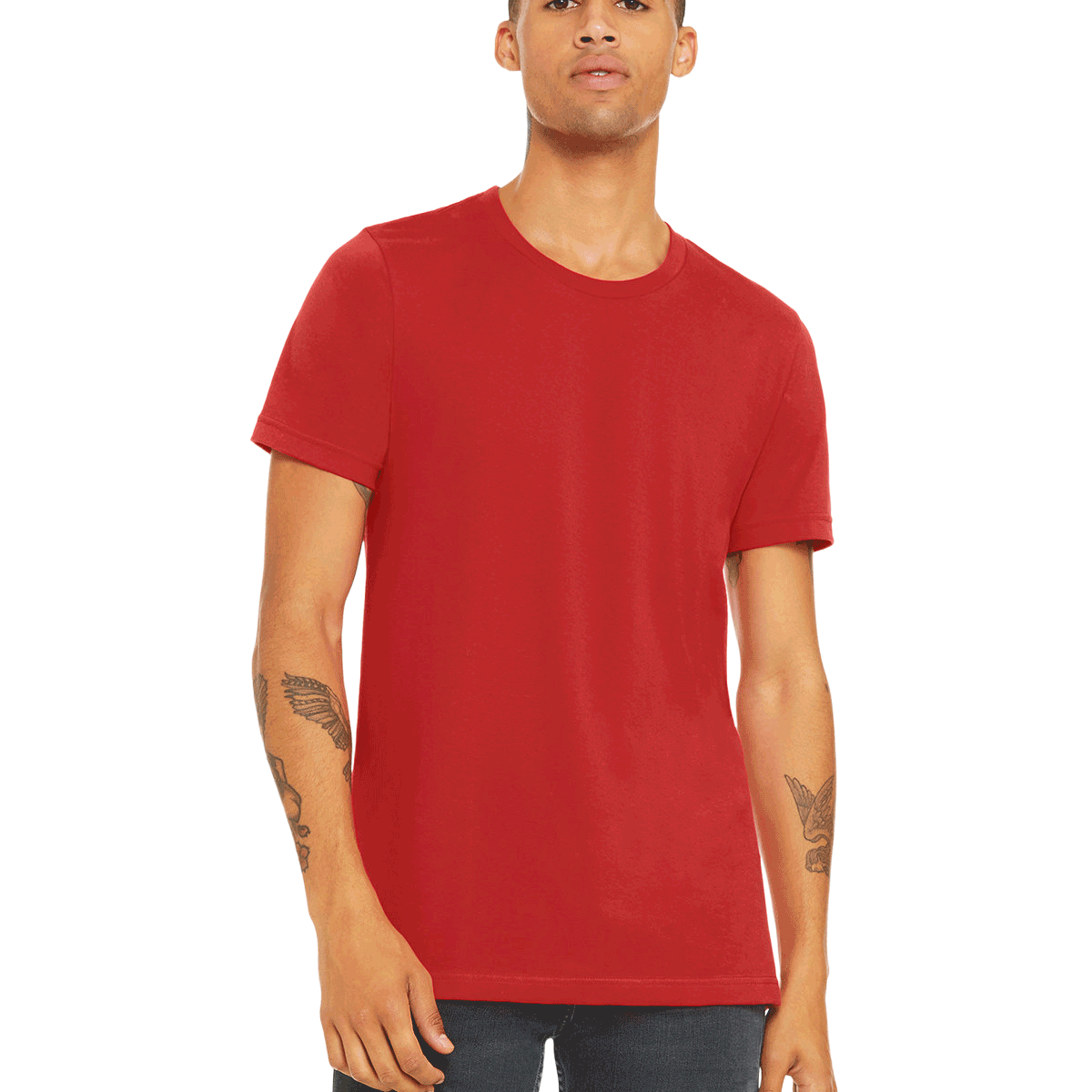 Bella + Canvas Unisex Jersey T-Shirt in "Canvas Red" color worn by a man with a neutral expression, standing casually.