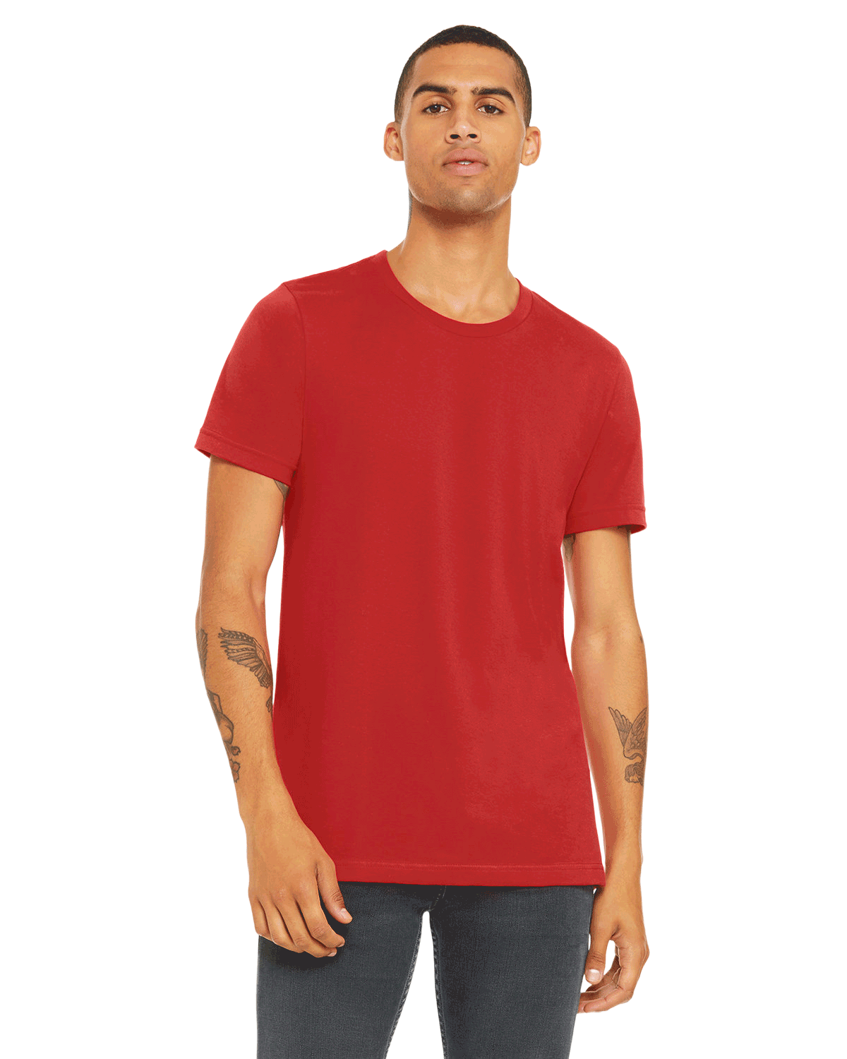 Bella + Canvas Unisex Jersey T-Shirt in "Canvas Red" color worn by a man with a neutral expression, standing casually.