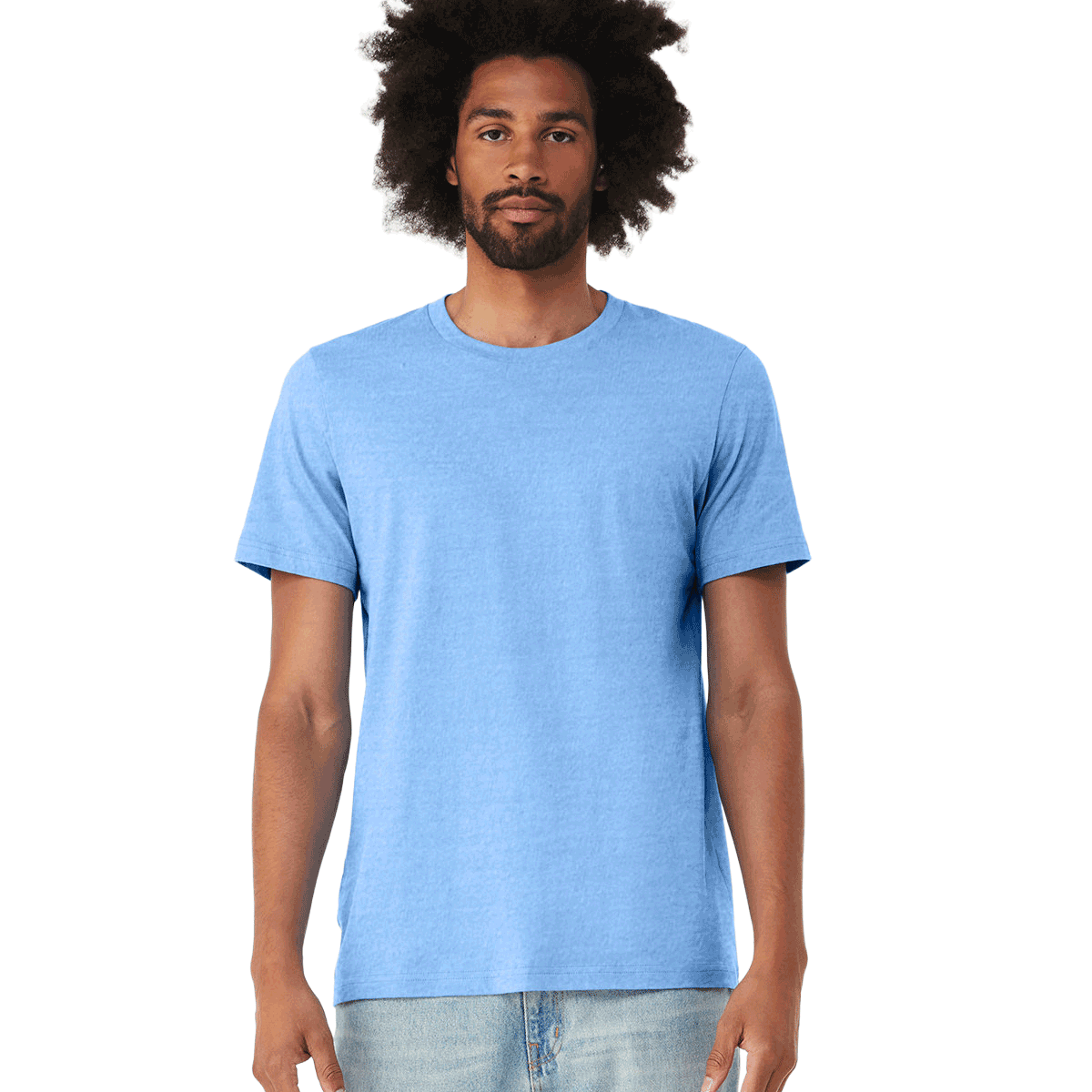 Bella + Canvas Unisex Jersey T-Shirt in "Carolina Blue" color worn by a man with a neutral expression, standing casually.