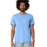 Bella + Canvas Unisex Jersey T-Shirt in "Carolina Blue" color worn by a man with a neutral expression, standing casually.