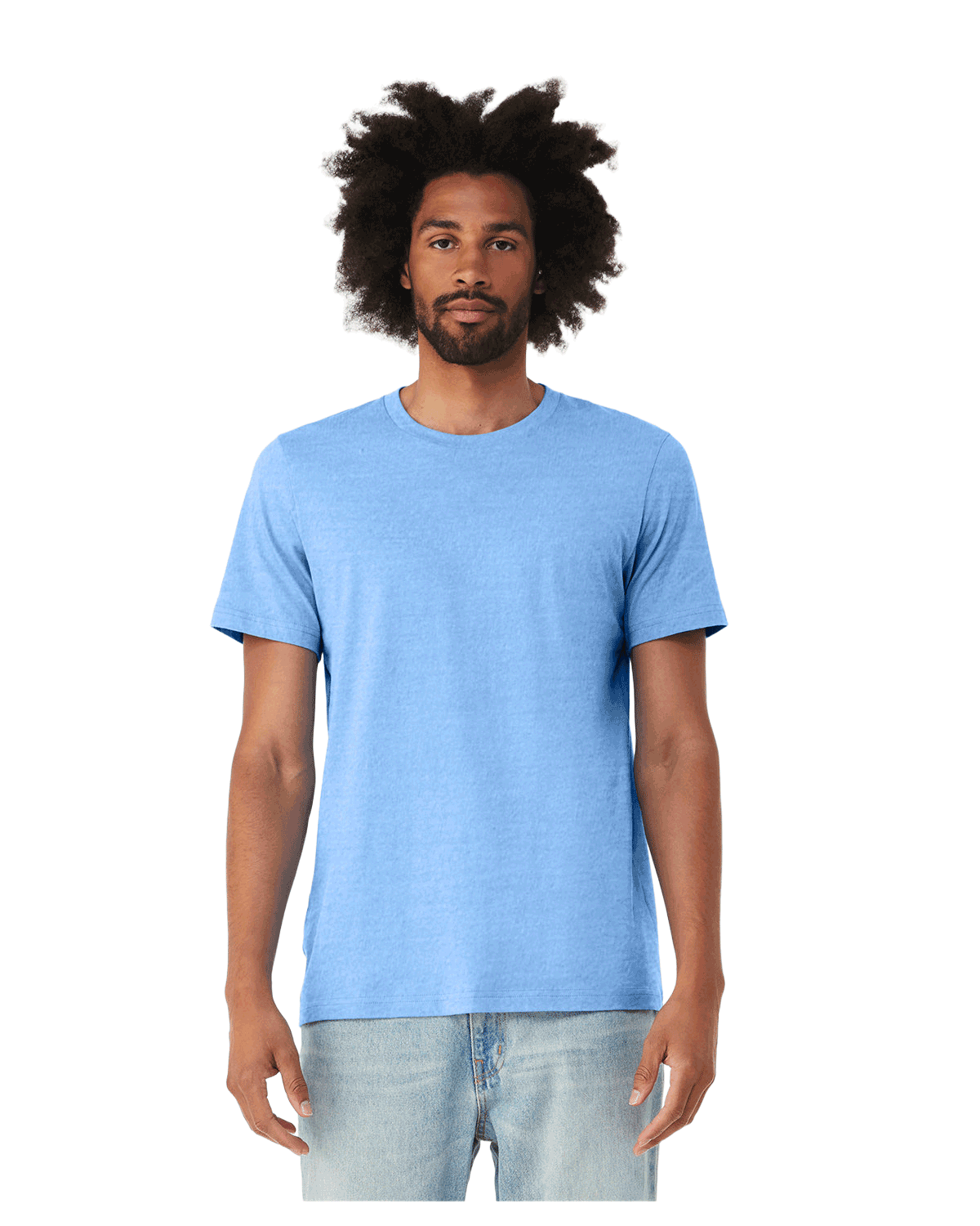 Bella + Canvas Unisex Jersey T-Shirt in "Carolina Blue" color worn by a man with a neutral expression, standing casually.