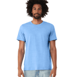 Bella + Canvas Unisex Jersey T-Shirt in "Carolina Blue" color worn by a man with a neutral expression, standing casually.