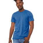 Man in a "Columbia Blue" Bella + Canvas Unisex Jersey T-Shirt, standing casually with a relaxed posture and hands by his sides.