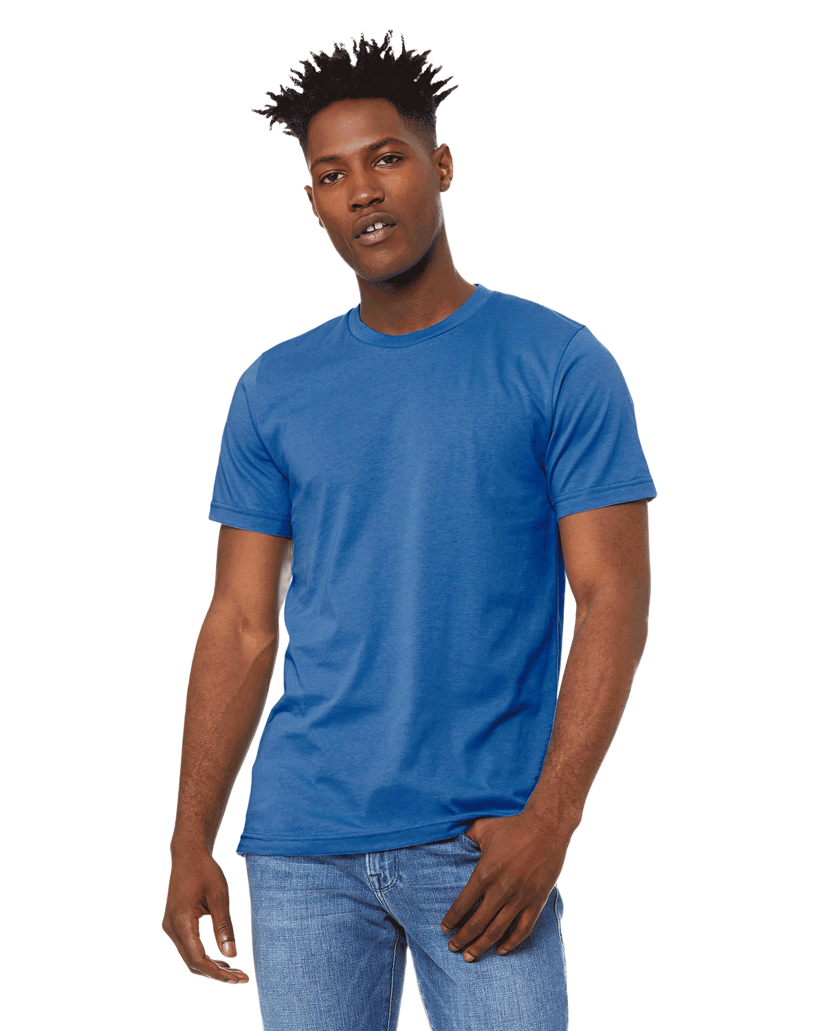 Man in a "Columbia Blue" Bella + Canvas Unisex Jersey T-Shirt, standing casually with a relaxed posture and hands by his sides.