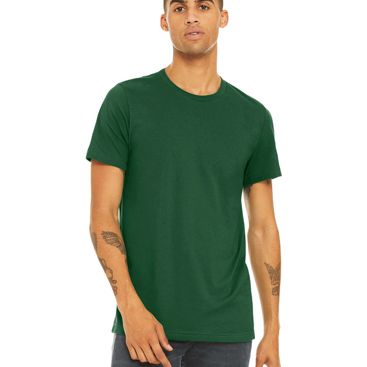 Man in an "Evergreen" Bella + Canvas Unisex Jersey T-Shirt, standing casually with a neutral expression and hands by his sides.