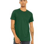 Man in an "Evergreen" Bella + Canvas Unisex Jersey T-Shirt, standing casually with a neutral expression and hands by his sides.