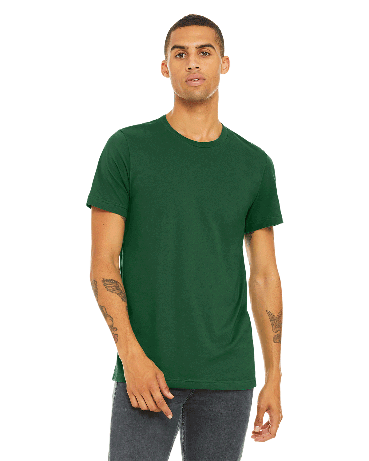 Man in an "Evergreen" Bella + Canvas Unisex Jersey T-Shirt, standing casually with a neutral expression and hands by his sides.