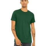 Man in an "Evergreen" Bella + Canvas Unisex Jersey T-Shirt, standing casually with a neutral expression and hands by his sides.