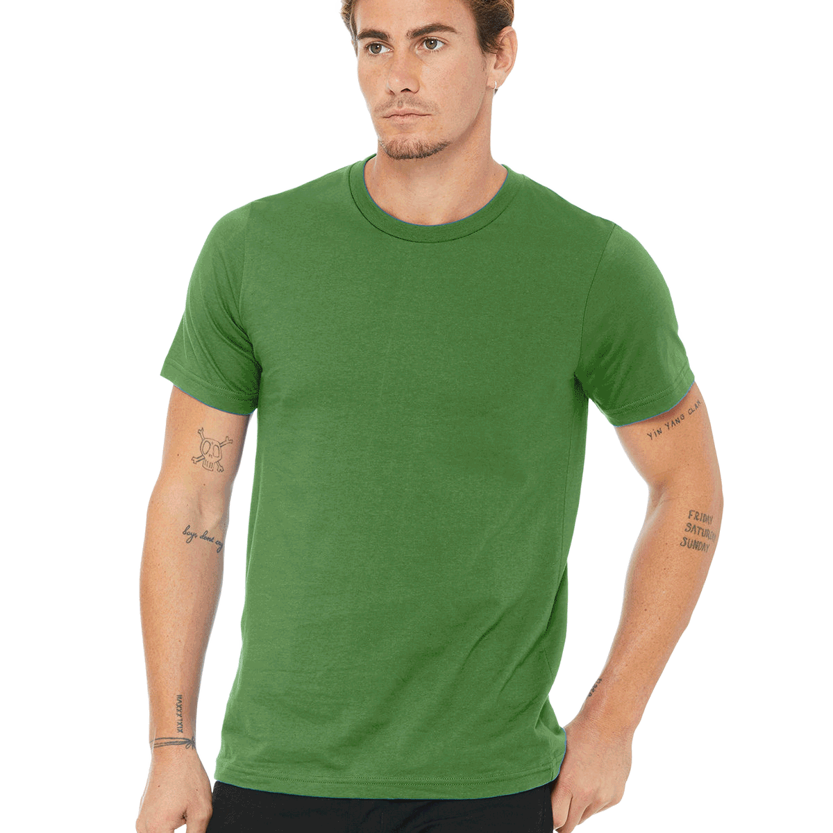 Man wearing a Bella + Canvas Unisex Jersey T-Shirt in "Leaf" color, standing with a neutral expression and hands by his sides.