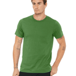 Man wearing a Bella + Canvas Unisex Jersey T-Shirt in "Leaf" color, standing with a neutral expression and hands by his sides.