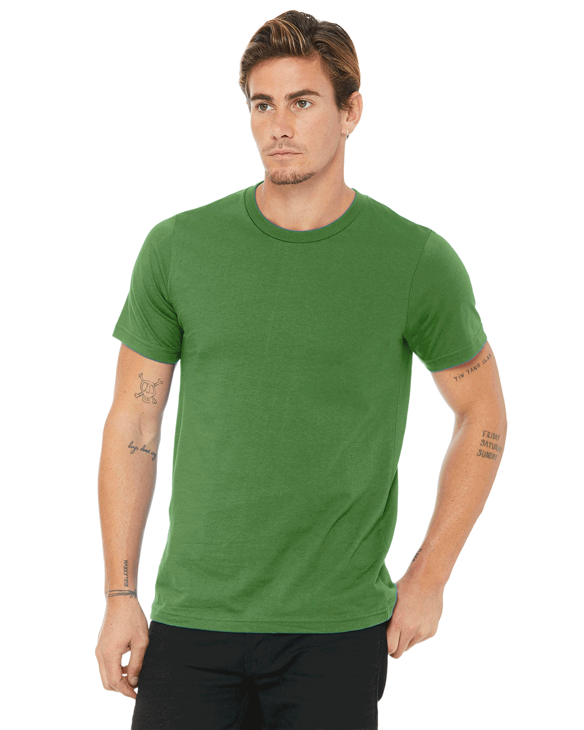 Man wearing a Bella + Canvas Unisex Jersey T-Shirt in "Leaf" color, standing with a neutral expression and hands by his sides.