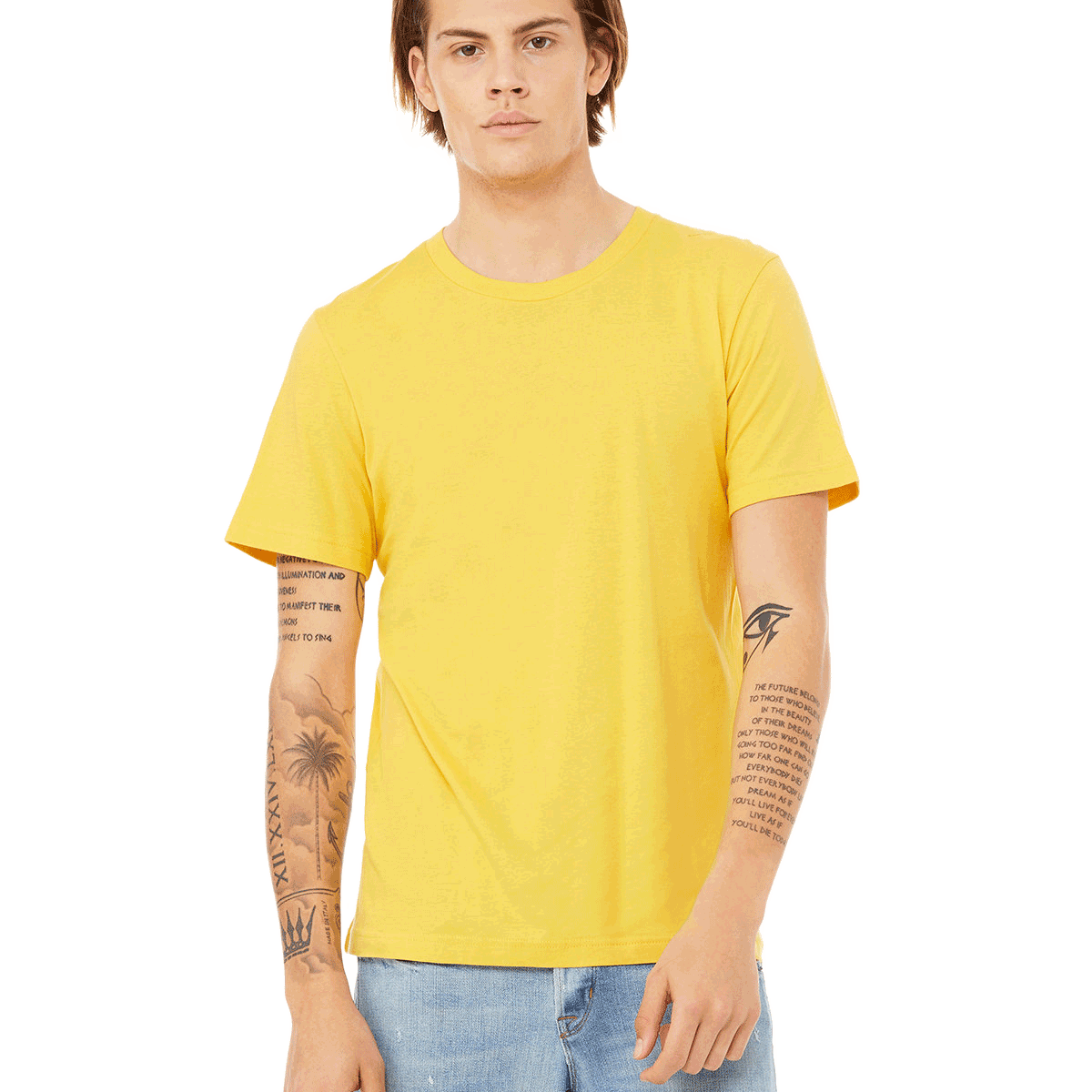 Bella + Canvas Unisex Jersey T-Shirt in "Maize Yellow" color worn by a man with a neutral expression, standing casually.