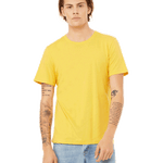 Bella + Canvas Unisex Jersey T-Shirt in "Maize Yellow" color worn by a man with a neutral expression, standing casually.