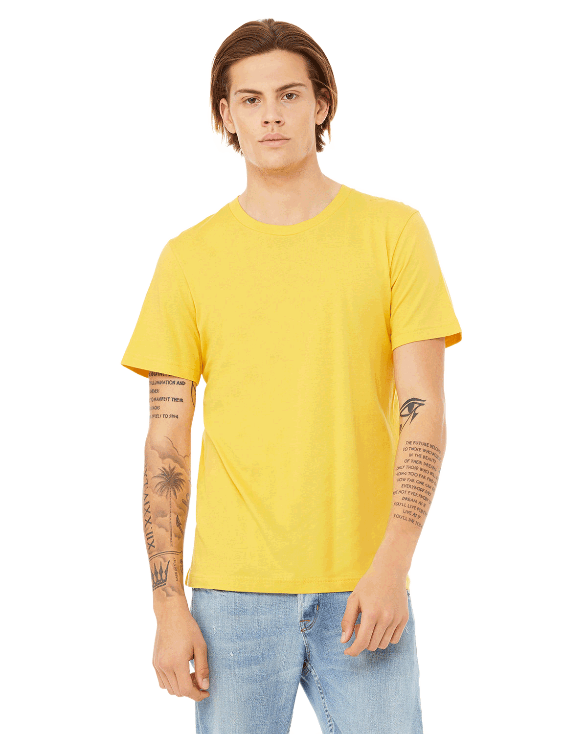 Bella + Canvas Unisex Jersey T-Shirt in "Maize Yellow" color worn by a man with a neutral expression, standing casually.