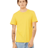 Bella + Canvas Unisex Jersey T-Shirt in "Maize Yellow" color worn by a man with a neutral expression, standing casually.