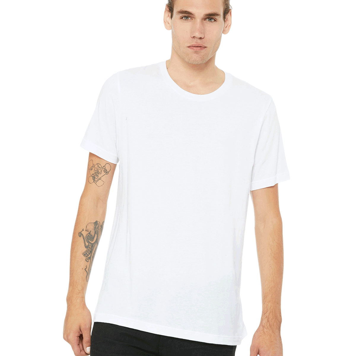 Man wearing a Bella + Canvas Unisex Jersey T-Shirt in white, standing with a neutral expression and hands by his sides.