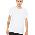 Man wearing a Bella + Canvas Unisex Jersey T-Shirt in white, standing with a neutral expression and hands by his sides.