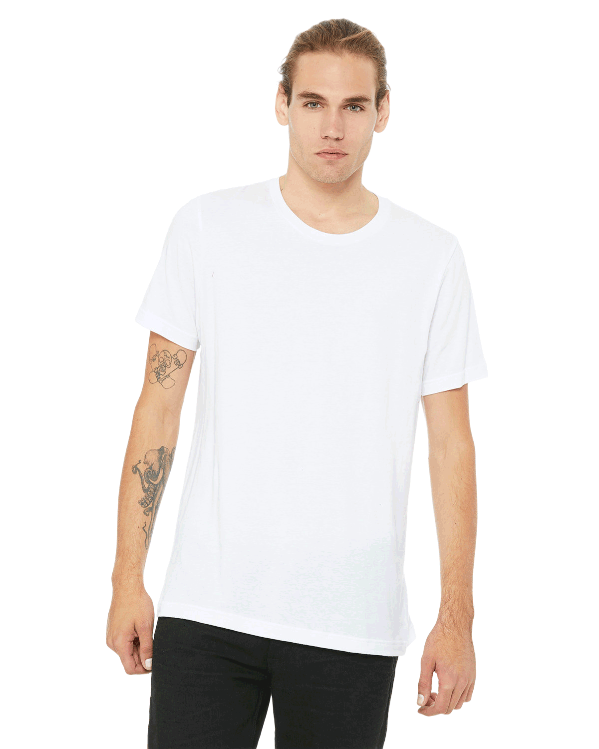 Man wearing a Bella + Canvas Unisex Jersey T-Shirt in white, standing with a neutral expression and hands by his sides.