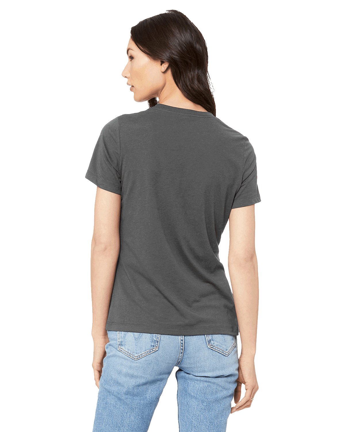 Back view of a woman modeling a Bella + Canvas Ladies' Relaxed Jersey Short-Sleeve T-Shirt in Asphalt color, highlighting the shirt's relaxed fit.