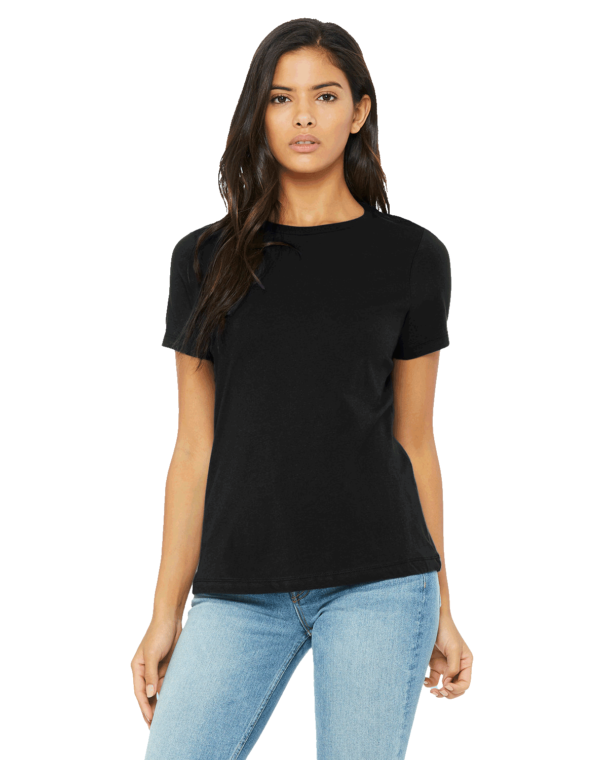 Woman wearing a Bella + Canvas Ladies' Relaxed Jersey Short-Sleeve T-Shirt in Black color, standing with a neutral expression and light blue jeans.