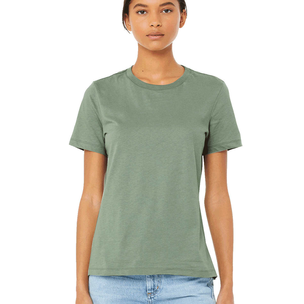 Front view of a woman modeling a Bella + Canvas Ladies' Relaxed Jersey Short-Sleeve T-Shirt in the Sage color, paired with light blue jeans.