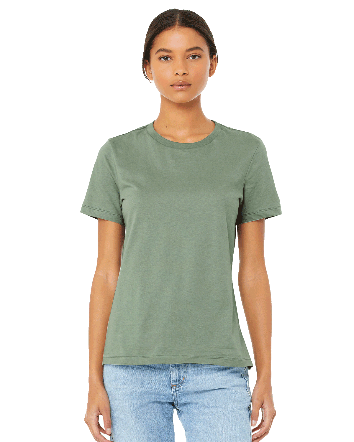 Front view of a woman modeling a Bella + Canvas Ladies' Relaxed Jersey Short-Sleeve T-Shirt in the Sage color, paired with light blue jeans.