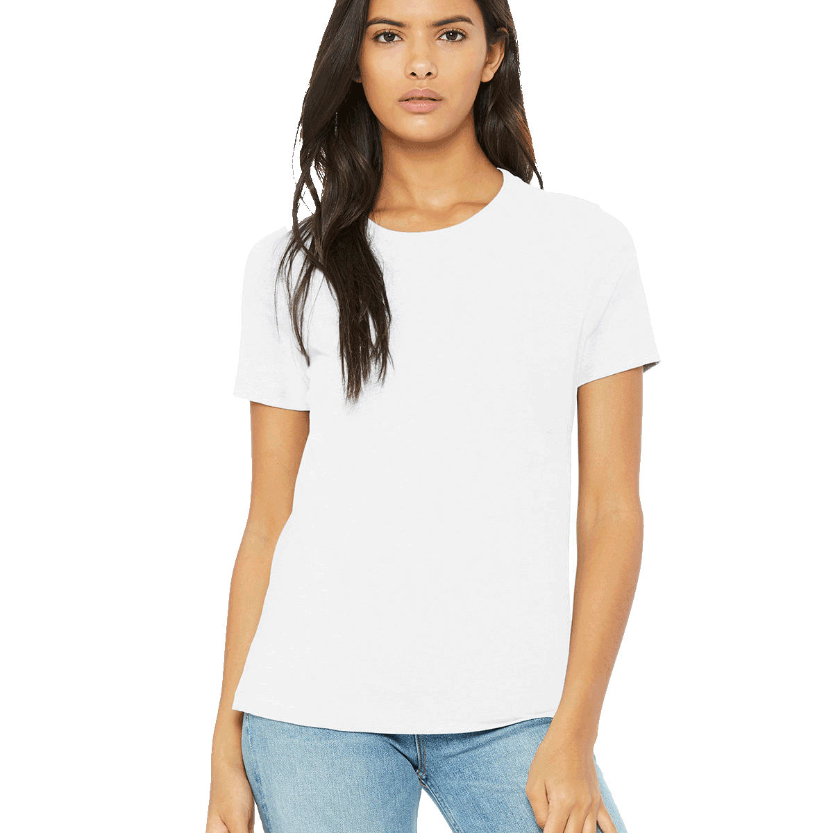 Front view of a woman modeling a Bella + Canvas Ladies' Relaxed Jersey Short-Sleeve T-Shirt in White, paired with light blue jeans.