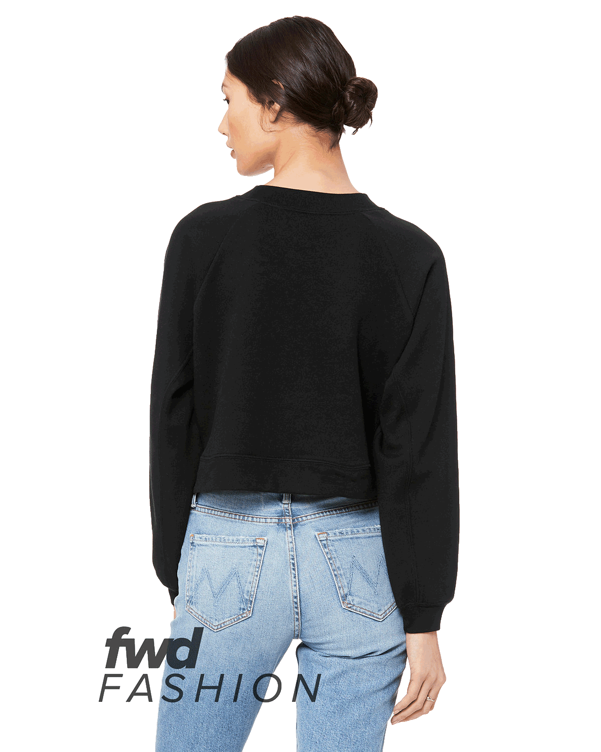 Rear view of a woman wearing a Bella + Canvas Ladies' Raglan Pullover Fleece in Black.