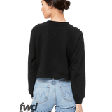 Rear view of a woman wearing a Bella + Canvas Ladies' Raglan Pullover Fleece in Black.