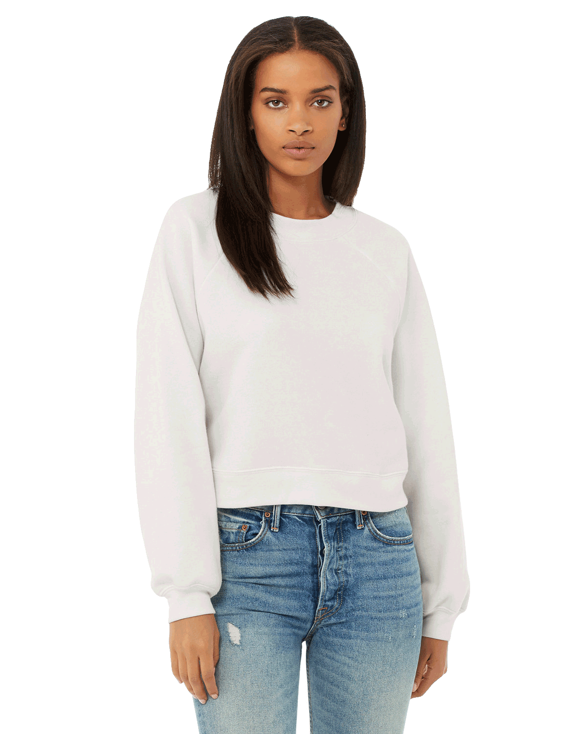 Woman wearing a Bella + Canvas Ladies' Raglan Pullover Fleece in Vintage White.