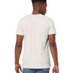 Man showing the back of a Bella + Canvas Unisex Jersey T-Shirt in "Vintage White" color, standing casually with hands by his sides.