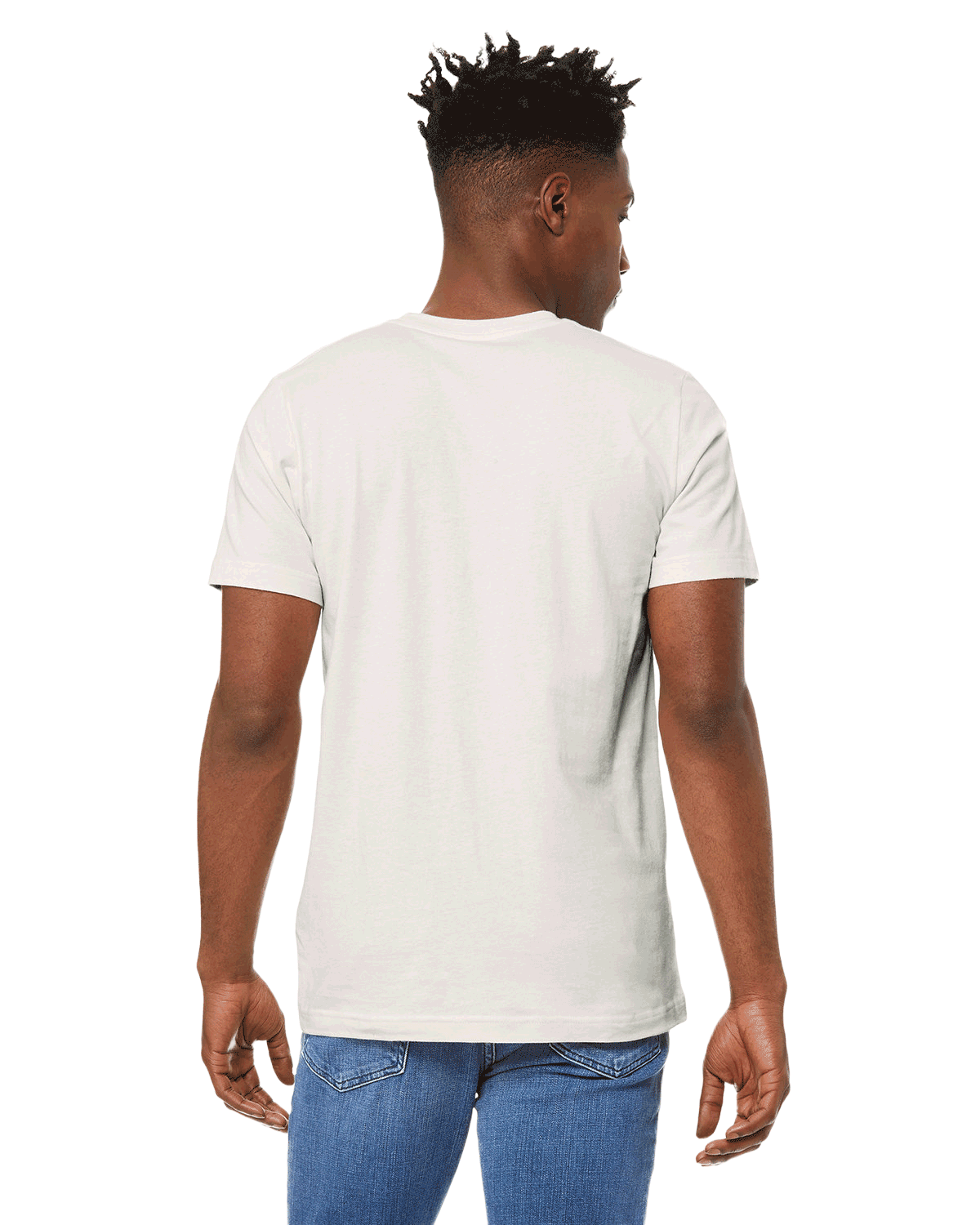 Man showing the back of a Bella + Canvas Unisex Jersey T-Shirt in "Vintage White" color, standing casually with hands by his sides.