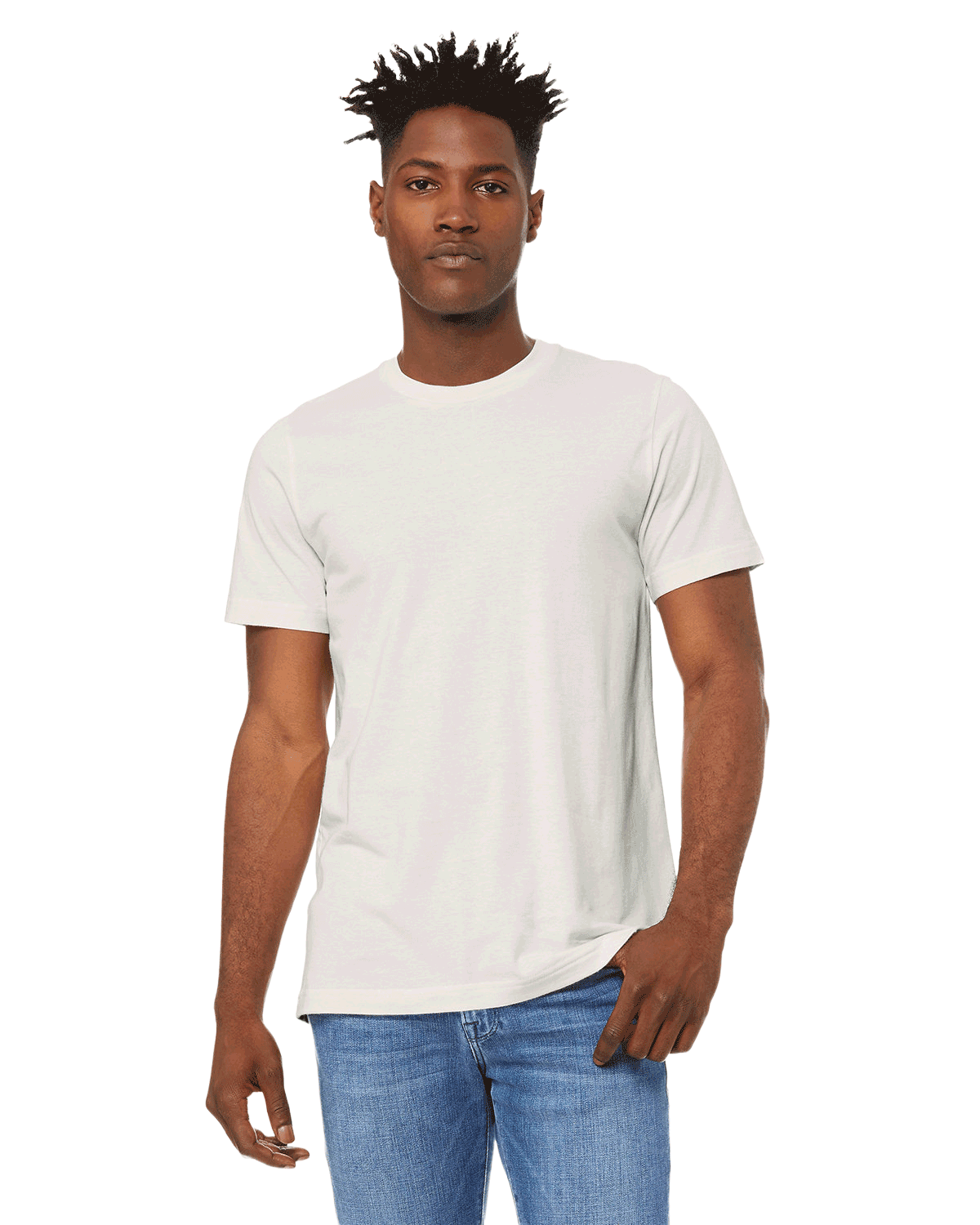 Man wearing a Bella + Canvas Unisex Jersey T-Shirt in "Vintage White" color, standing with a relaxed posture and hand resting on his side.