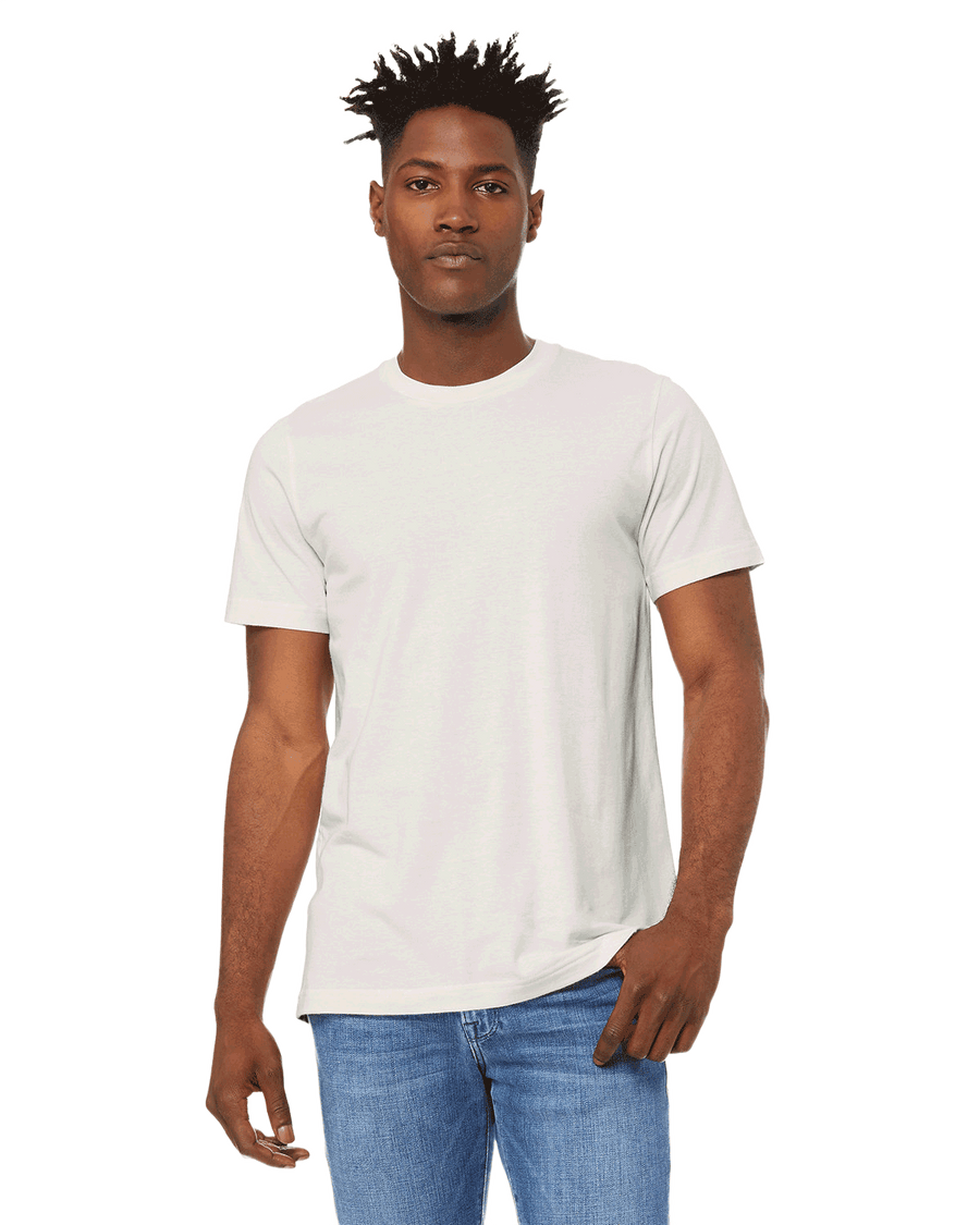 A model posing with a Vintage White BELLA + CANVAS Jersey Tee 3001