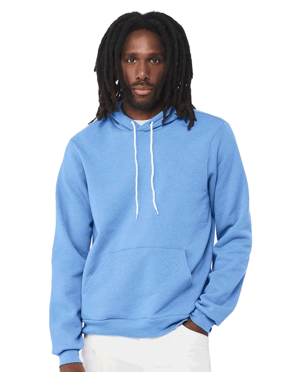 Man in sky-blue pullover hoodie with white drawstrings and kangaroo pocket, blank garment ready for custom screen-printed logo