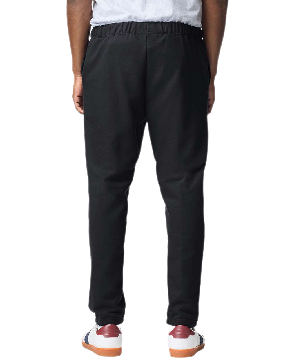Rear View Model Wearing Gildan Black jogger sweatpants for custom printing, soft fleece fabric, drawstring waist, elastic cuffs