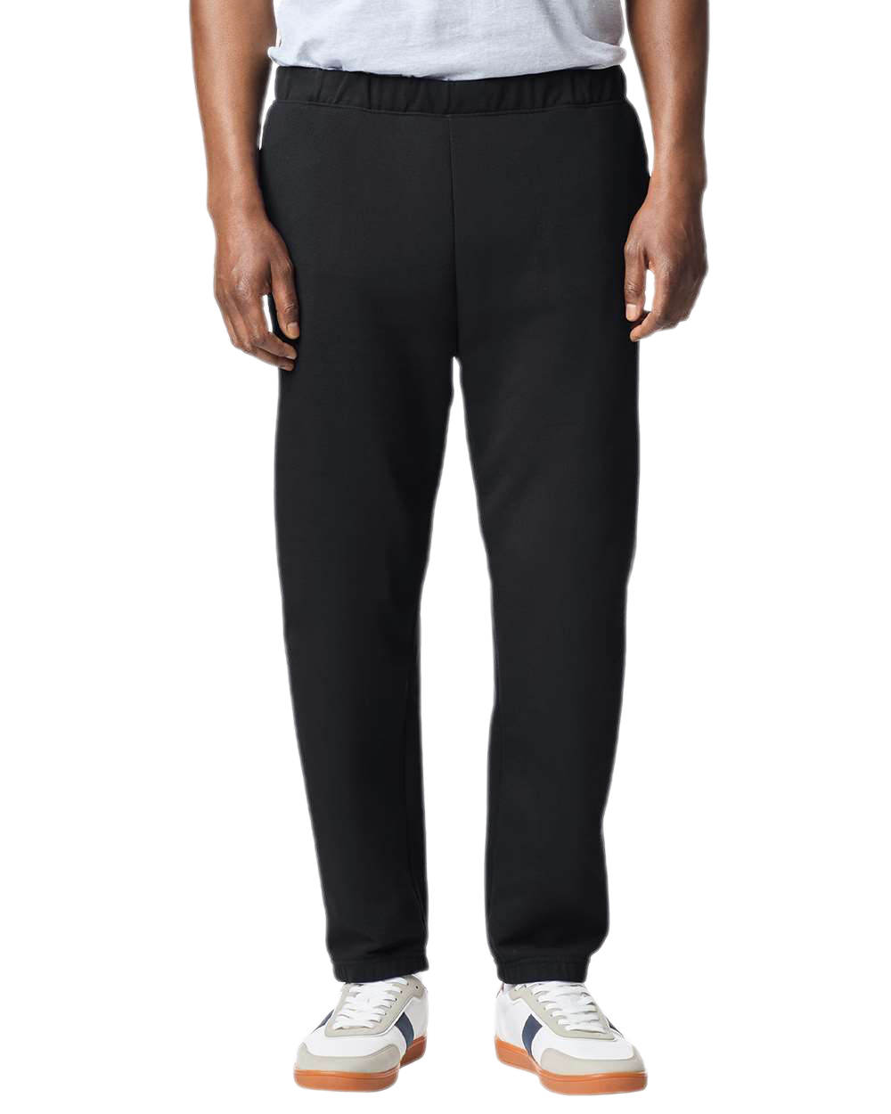 Model Wearing Gildan Black jogger sweatpants for custom printing, soft fleece fabric, drawstring waist, elastic cuffs