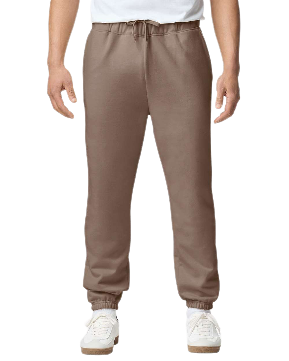 Model Wearing Gildan Savanna Brown jogger sweatpants for custom printing, soft fleece fabric, drawstring waist, elastic cuffs