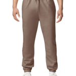 Model Wearing Gildan Savanna Brown jogger sweatpants for custom printing, soft fleece fabric, drawstring waist, elastic cuffs