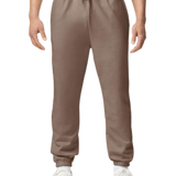 Model Wearing Gildan Savanna Brown jogger sweatpants for custom printing, soft fleece fabric, drawstring waist, elastic cuffs