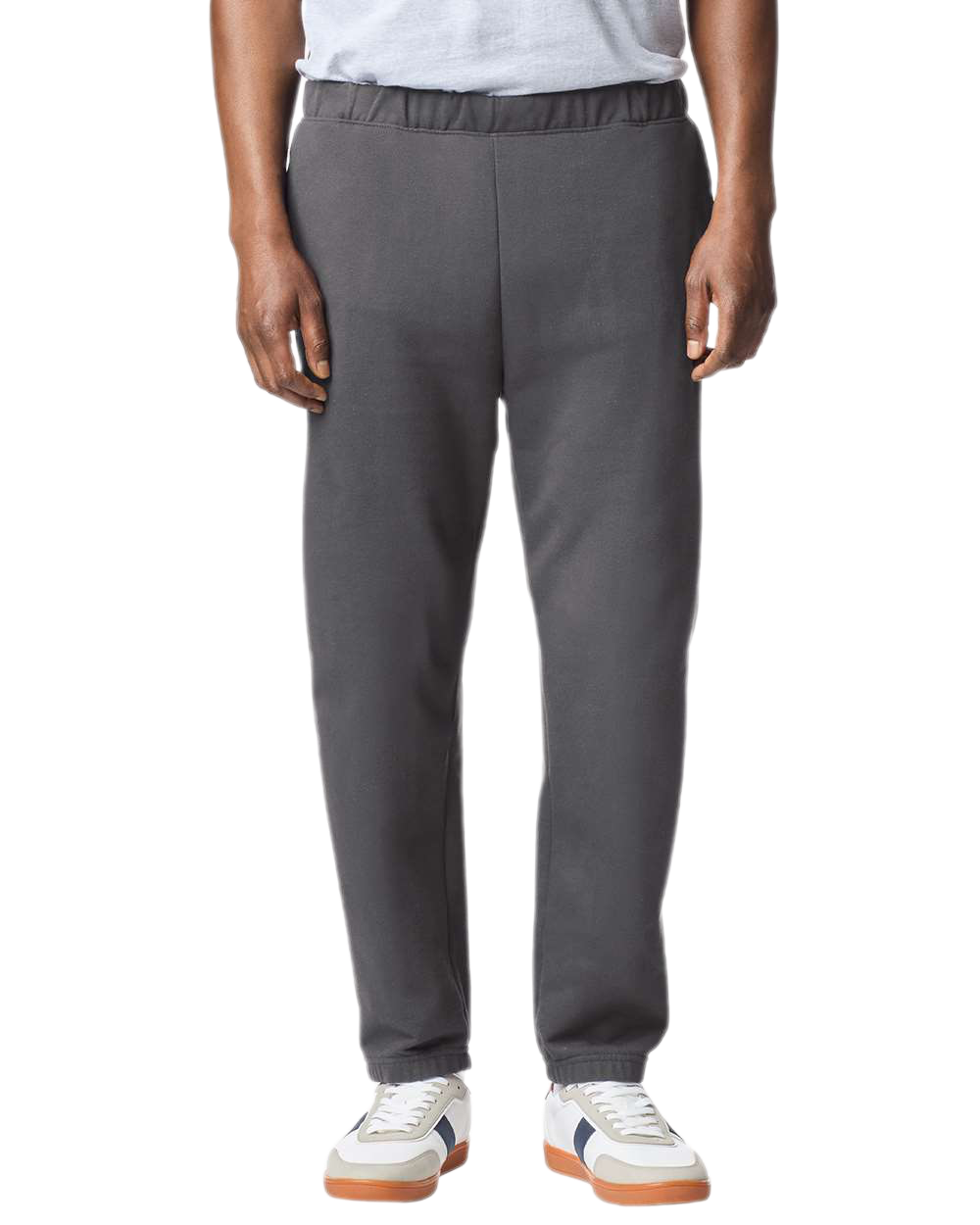 Model Wearing Gildan Charcoal Grey jogger sweatpants for custom printing, soft fleece fabric, drawstring waist, elastic cuffs