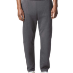 Model Wearing Gildan Charcoal Grey jogger sweatpants for custom printing, soft fleece fabric, drawstring waist, elastic cuffs