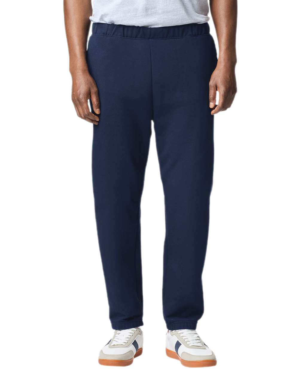 Model Wearing Gildan Navy jogger sweatpants for custom printing, soft fleece fabric, drawstring waist, elastic cuffs