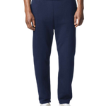 Model Wearing Gildan Navy jogger sweatpants for custom printing, soft fleece fabric, drawstring waist, elastic cuffs