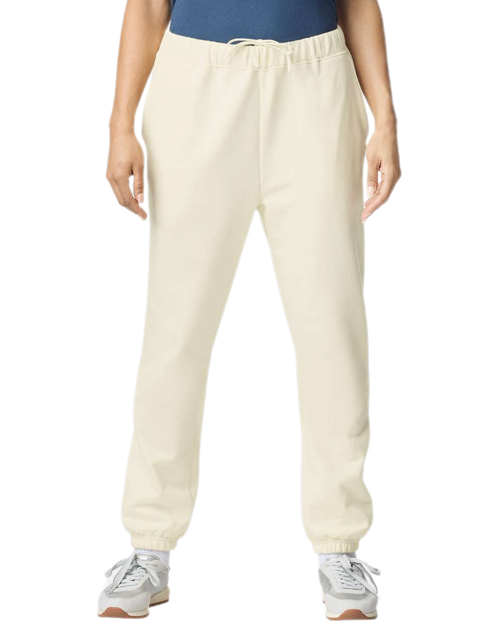 Model Wearing Gildan Off White jogger sweatpants for custom printing, soft fleece fabric, drawstring waist, elastic cuffs