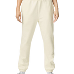 Model Wearing Gildan Off White jogger sweatpants for custom printing, soft fleece fabric, drawstring waist, elastic cuffs