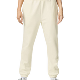 Model Wearing Gildan Off White jogger sweatpants for custom printing, soft fleece fabric, drawstring waist, elastic cuffs