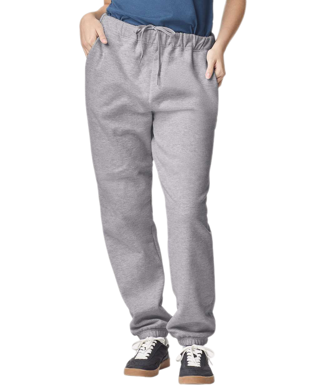Model wearing heather grey fleece joggers with elastic waistband, drawstring, side pockets, and cuffed ankles – custom apparel by Print-MO.