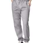 Model wearing heather grey fleece joggers with elastic waistband, drawstring, side pockets, and cuffed ankles – custom apparel by Print-MO.