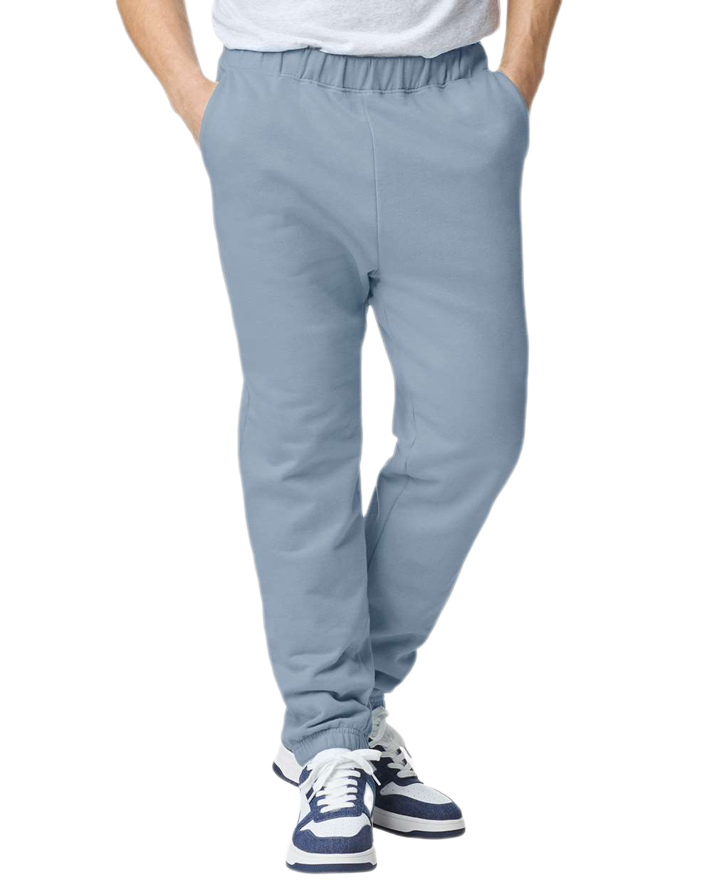 Gildan Light blue fleece joggers with elastic waistband, side pockets, and cuffed ankles – custom apparel by Print-MO.